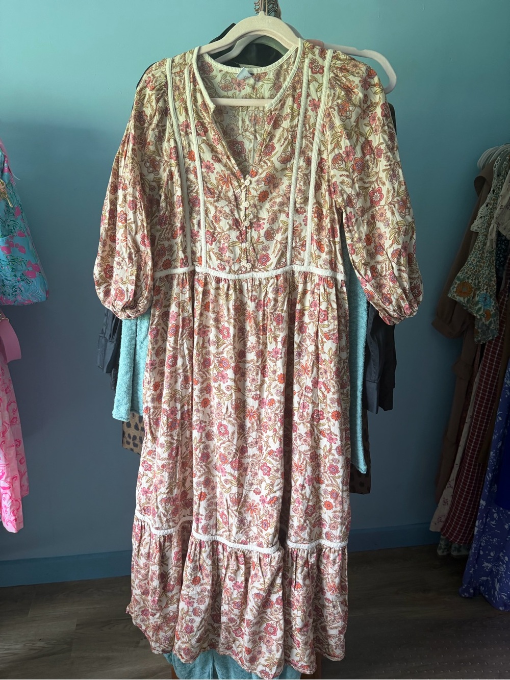 Old Navy Floral Puff-Sleeve Maxi Dress - Cream, Pink boho med